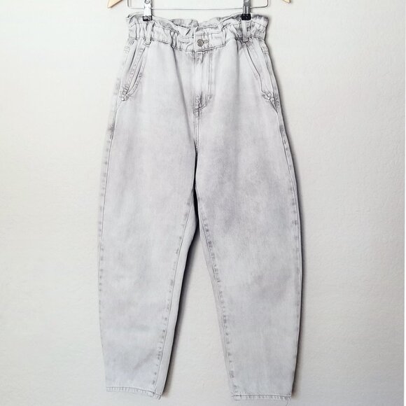 Zara Baggy Paperbag Elastic High Waist Light Grey Gray Denim Jeans Size 6 Ankle - Picture 5 of 16